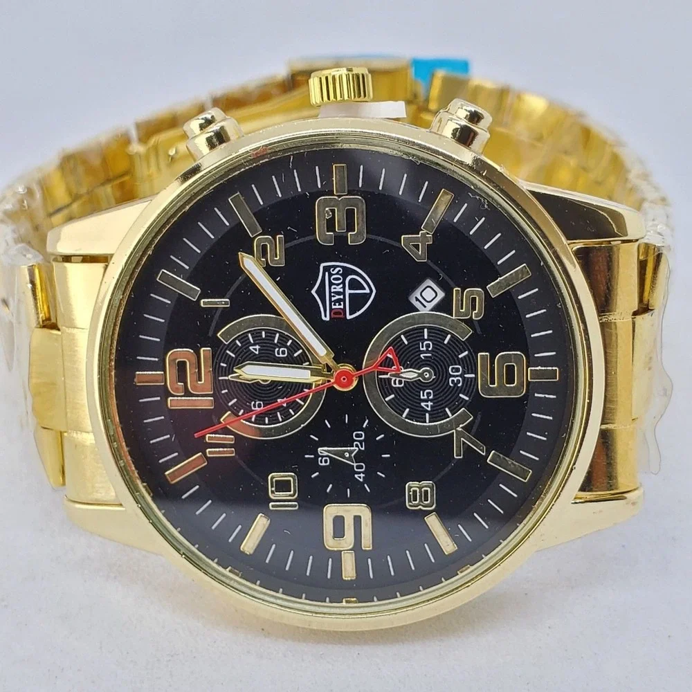 Men's Watch 42MM Large Gold Case Black Dial Date Gold Bracelet Band 7